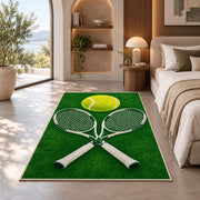 Tennis Rackets and Ball Rug in a bedroom with an arched window