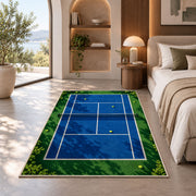 Tennis Court Rug in a bedroom with an arched window
