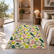 Tennis Pattern Rug in a bedroom with an arched window