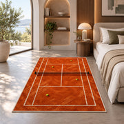 Clay Tennis Court Rug in a bedroom with an arched window