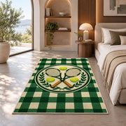 Tennis Club Rug in a bedroom with an arched window