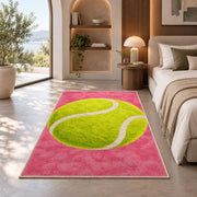 Giant Tennis Ball Rug in a bedroom with an arched window