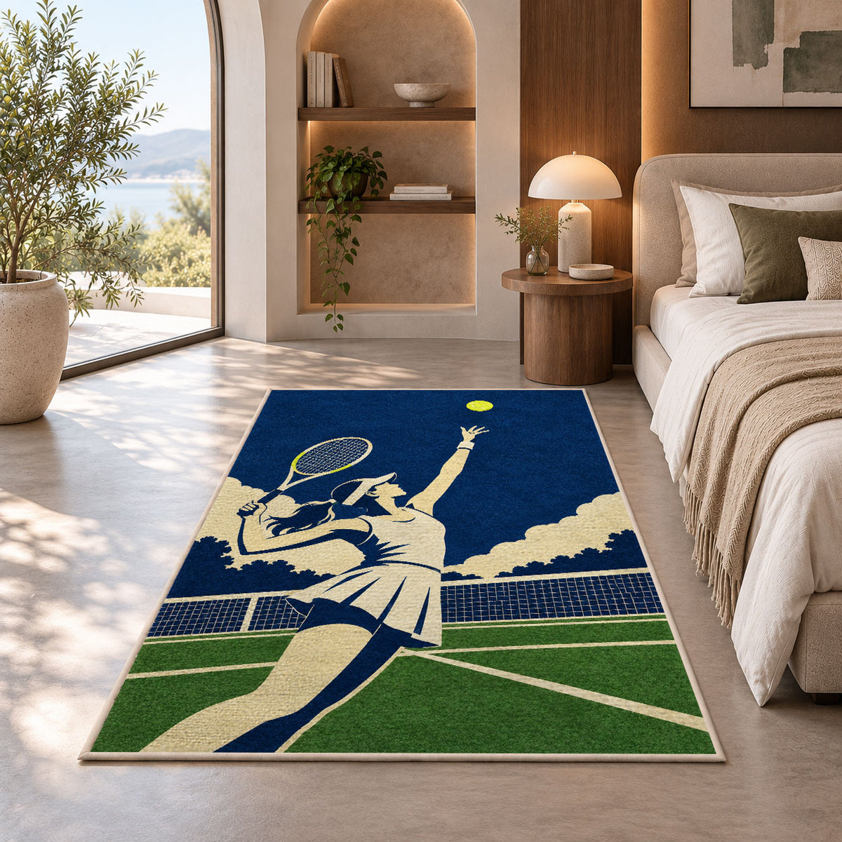 Tennis Player Serve Rug in a bedroom with an arched window