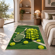 Tennis Ball Basket Rug in a bedroom with an arched window
