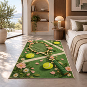 Floral Tennis Racket Rug in a bedroom with an arched window