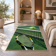 Tennis Net Rug in a bedroom with an arched window