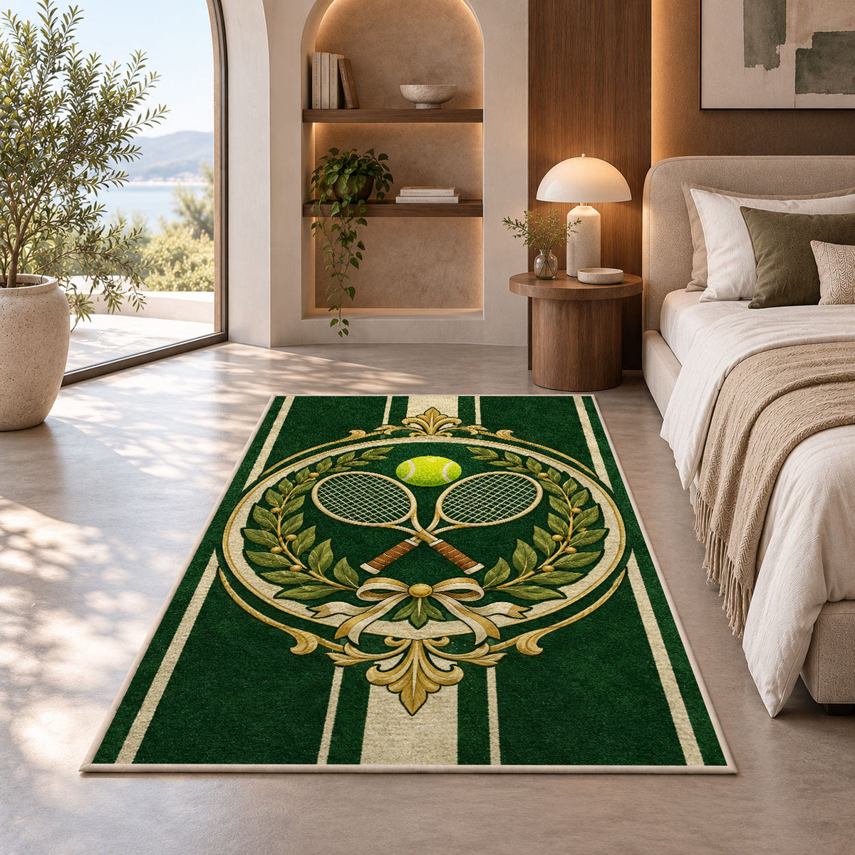 Vintage Tennis Crest Rug in a bedroom with an arched window