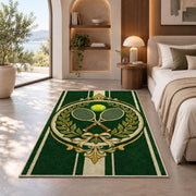 Vintage Tennis Crest Rug in a bedroom with an arched window