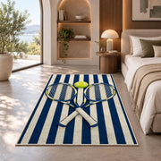 Preppy Stripe Tennis Rug in a bedroom with an arched window