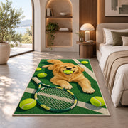 Dog with Tennis Ball Rug in a bedroom with an arched window