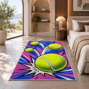 Pop Art Tennis Ball Rug in a bedroom with an arched window