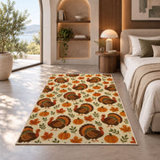 Turkey and Pumpkin Pattern Rug in a bedroom with an arched window