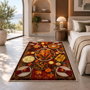 Thanksgiving Dinner Table Rug in a bedroom with an arched window