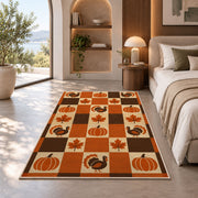 Retro Checkered Thanksgiving Rug in a bedroom with an arched window