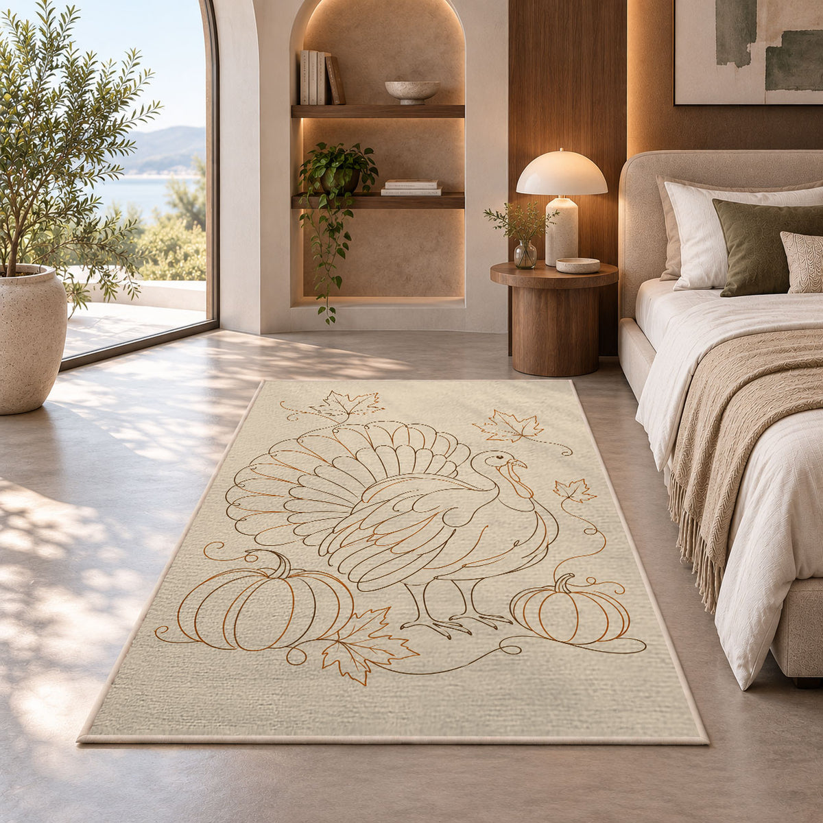 Minimalist Turkey Line Art Rug in a bedroom with an arched window