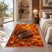 Turkey in Fall Leaves Rug in a bedroom with an arched window