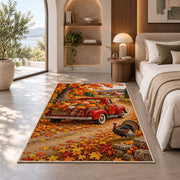 Red Vintage Truck Pumpkin Rug in a bedroom with an arched window