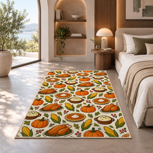 Thanksgiving Food Pattern Rug in a bedroom with an arched window