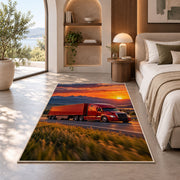 Red semi truck at sunset rug in a bedroom with an arched window