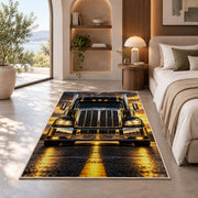 Chrome semi truck front rug in a bedroom with an arched window