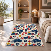 Semi truck pattern rug in a bedroom with an arched window