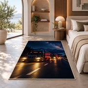 Semi truck convoy at night rug in a bedroom with an arched window