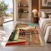 Retro truck stop rug in a bedroom with an arched window