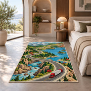 Illustrated road map with trucks rug in a bedroom with an arched window