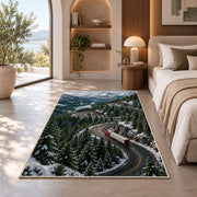 Semi truck on mountain pass rug in a bedroom with an arched window