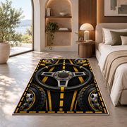 Truck steering wheel rug in a bedroom with an arched window