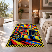 Pop art semi truck rug in a bedroom with an arched window