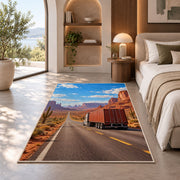 Semi truck on desert highway rug in a bedroom with an arched window