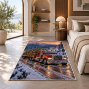 Christmas tree semi truck rug in a bedroom with an arched window
