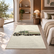 Vintage 1950s truck rug in a bedroom with an arched window