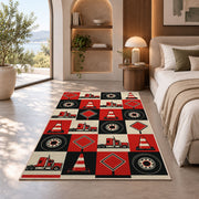 Checkered trucks and road signs rug in a bedroom with an arched window