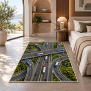 Highway interchange from above rug in a bedroom with an arched window