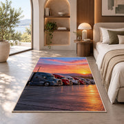 Semi trucks at a truck stop at sunrise rug in a bedroom with an arched window