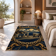 Trucker badge emblem rug in a bedroom with an arched window