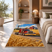 Semi truck on a country road rug in a bedroom with an arched window