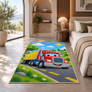 Cute cartoon semi truck rug in a bedroom with an arched window