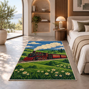 Vintage Steam Train Rug in a bedroom with an arched window