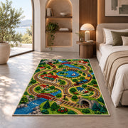 Train Track Play Rug in a bedroom with an arched window