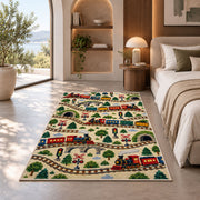 Train Pattern Rug in a bedroom with an arched window
