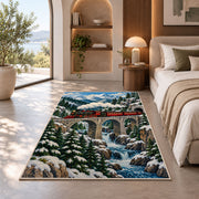 Mountain Train Bridge Rug in a bedroom with an arched window