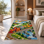 Wooden Toy Train Rug in a bedroom with an arched window
