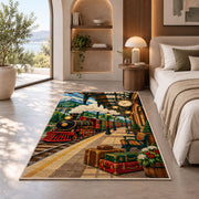 Vintage Train Station Rug in a bedroom with an arched window