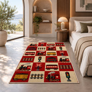 Retro Train Checkered Rug in a bedroom with an arched window