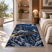 Winter Night Train Rug in a bedroom with an arched window
