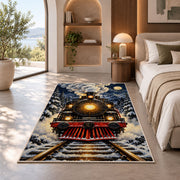 Steam Locomotive Front View Rug in a bedroom with an arched window