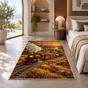 Freight Train Sunset Rug in a bedroom with an arched window